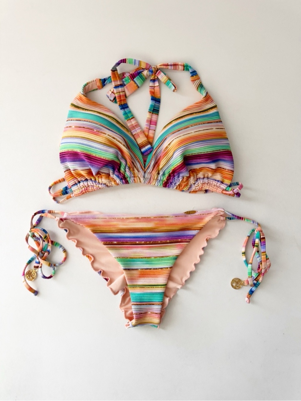 Luli Fama Heat Waves Bikini Set Two Piece D Cup Med Stripe Ribbed Ruched NWOT